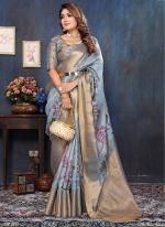 Cotton Sky Blue Festival Wear Printed Saree